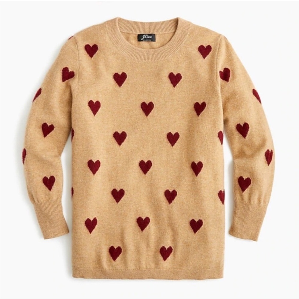 J. Crew cashmere camel Sweater with burgundy Heart Pattern;nwot;  large
